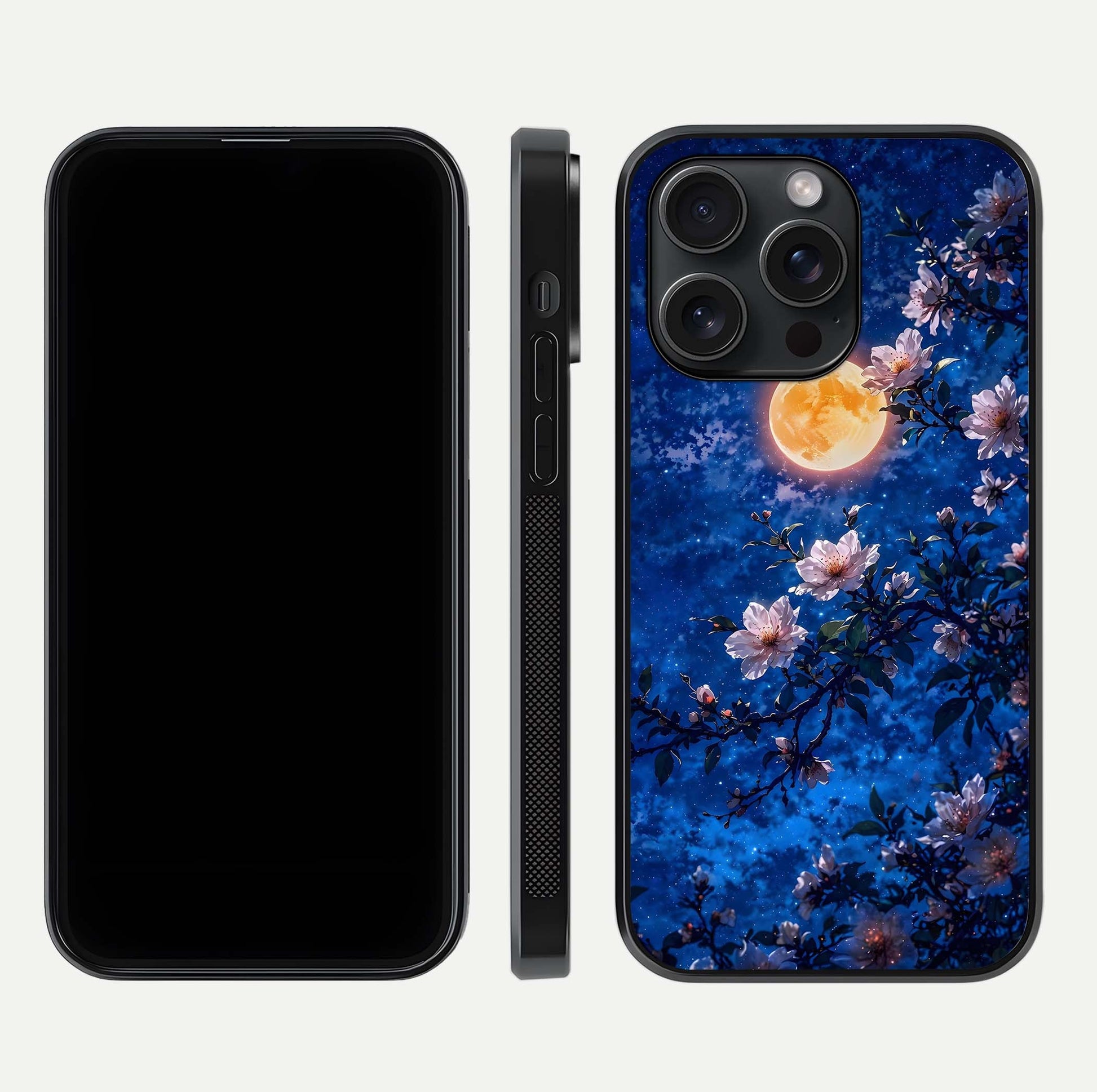 Moonlit Blossoms Night Glass Case for iPhone 15 Pro front & back layout highlighting moonlit tones and curved edges