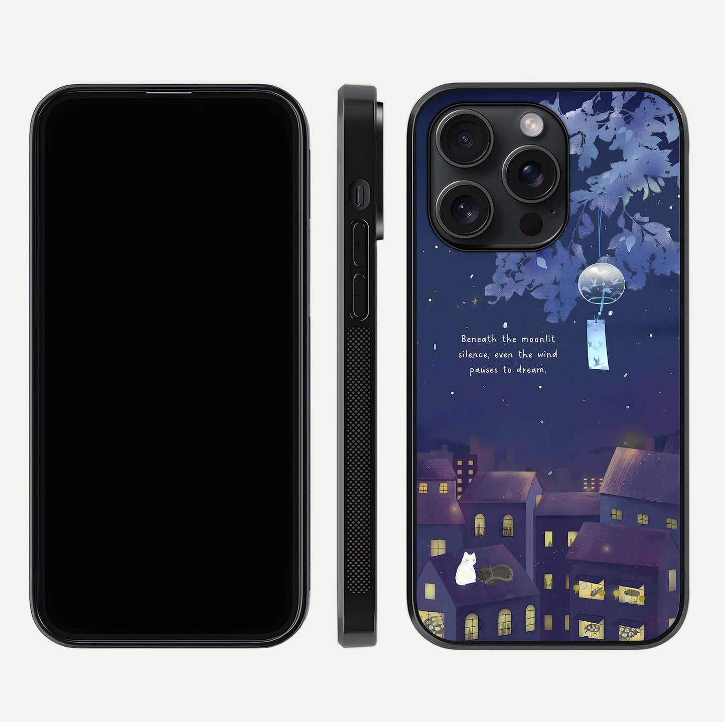 Moonlit Cat Silence Glass Case for iPhone 15 Pro front & back layout highlighting calm tones and edge detail