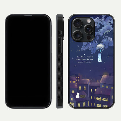 Moonlit Cat Silence Glass Case for iPhone 15 Pro front & back layout highlighting calm tones and edge detail