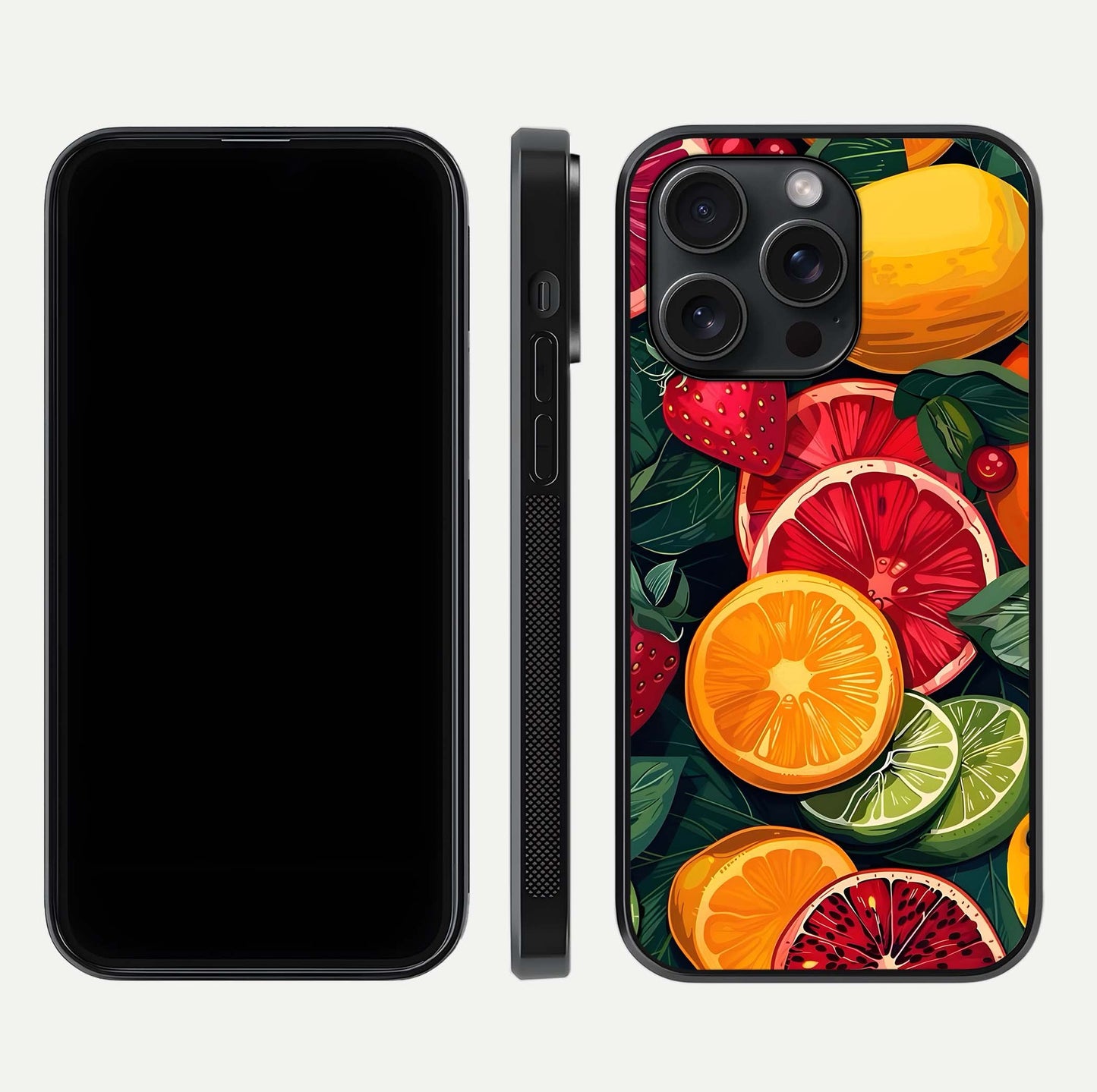 Multiple Fruits Glass Case for iPhone 15 Pro front & back layout highlighting vibrant tones and curved edges