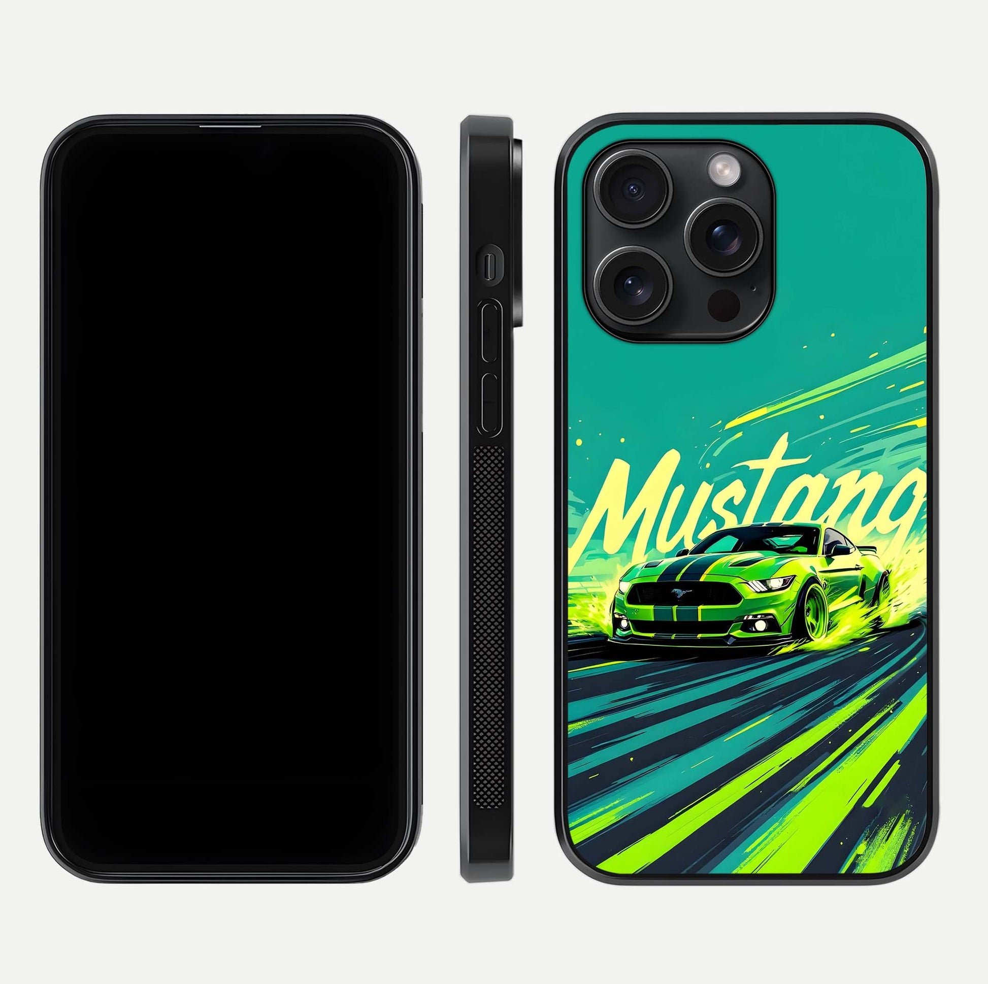 Mustang Bang Glass Case for iPhone 15 Pro front & back layout highlighting dark automotive tones and edge detail