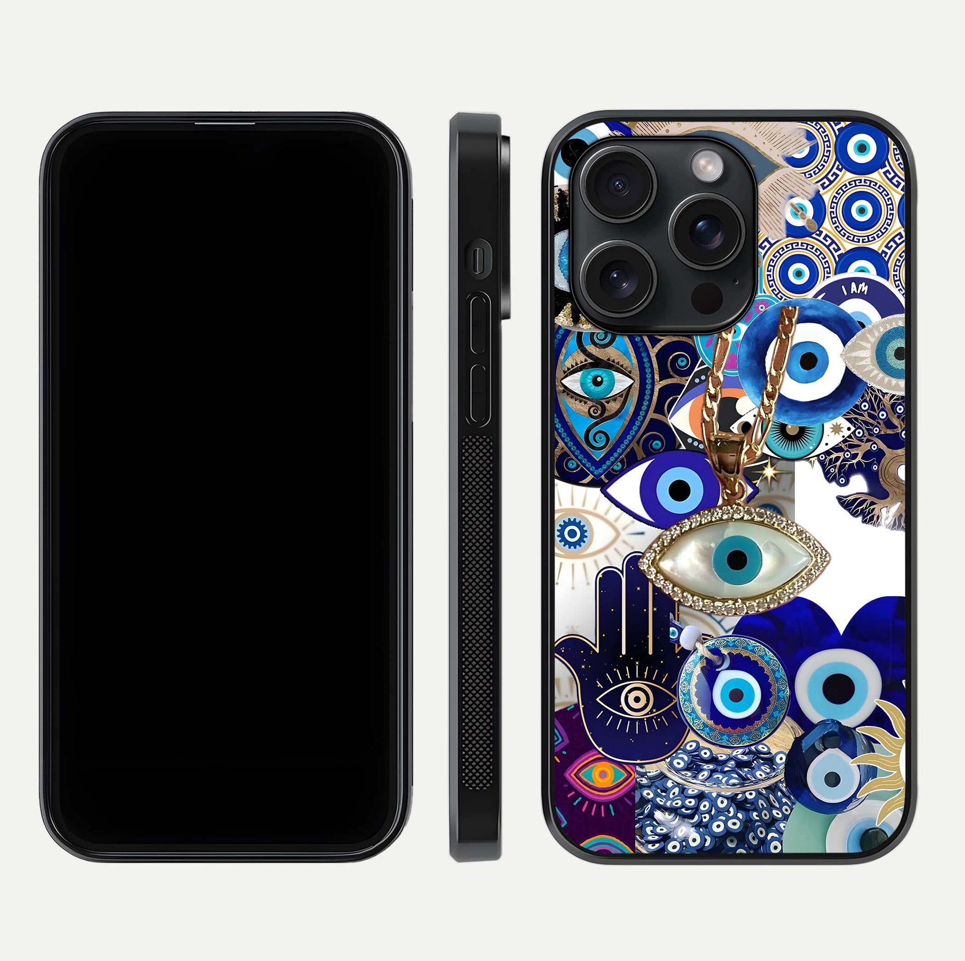 Mystic Charm Eye Glass Case for iPhone 15 Pro front & back layout highlighting spiritual design and edges