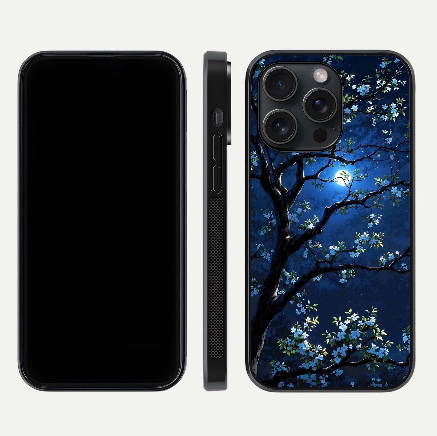 Mystic Floral Night Glass Case for iPhone 15 Pro front & back layout showing elegant floral art and smooth edges