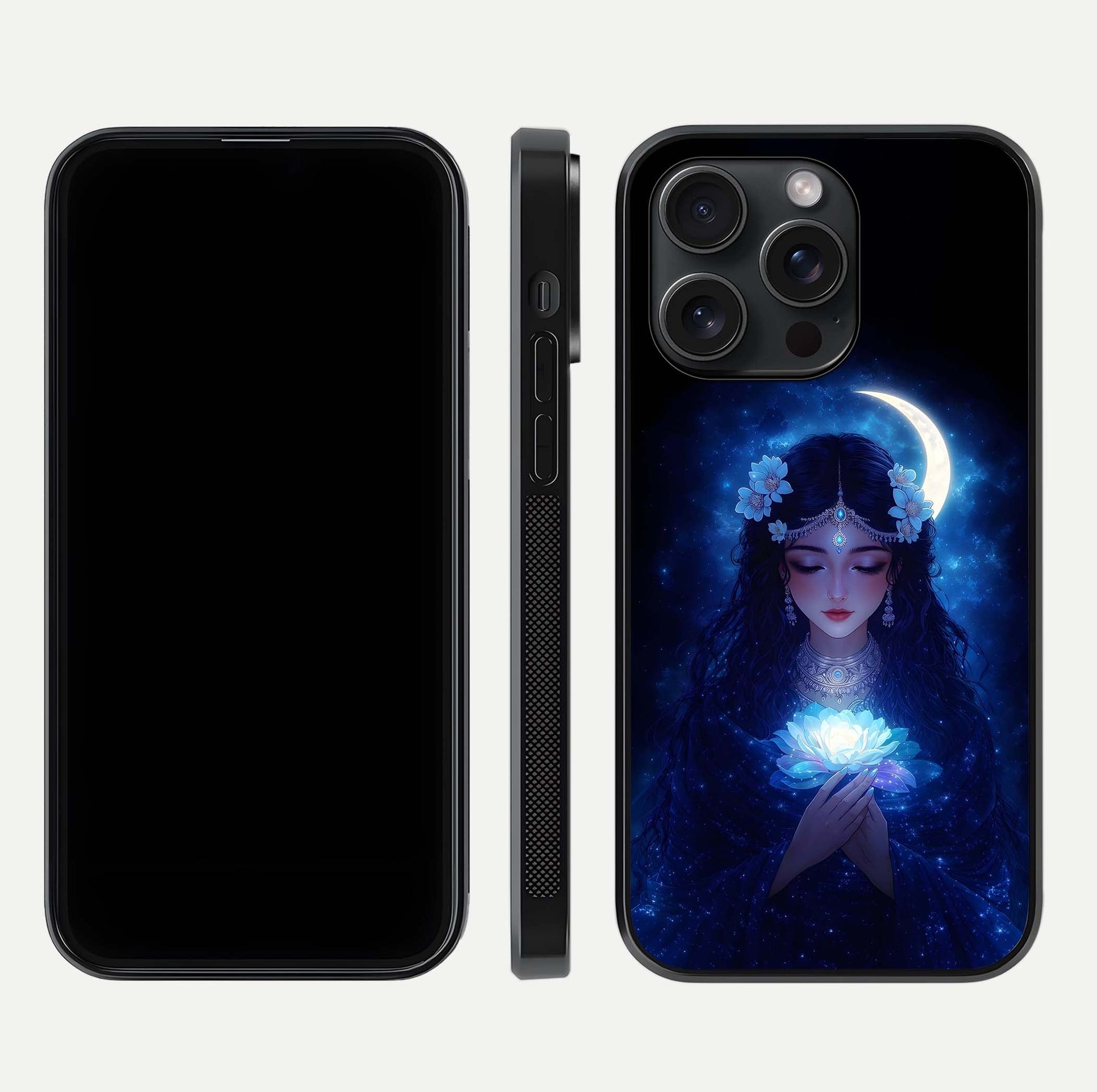 Mystic Moon Queen Glass Case for iPhone 15 Pro front & back layout highlighting divine illustration and edges
