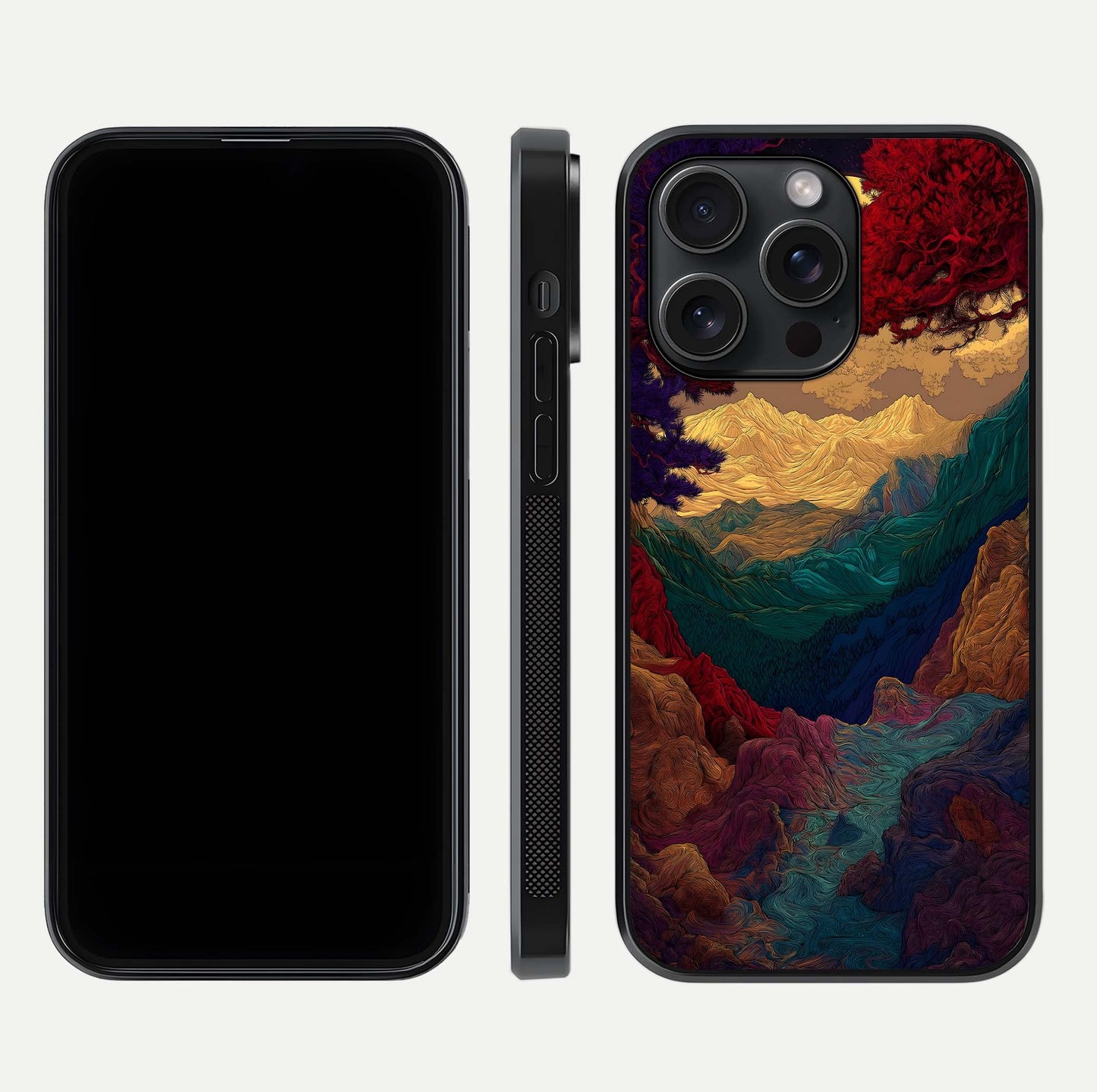 Mystic Valley Light Glass Case for iPhone 15 Pro front & back layout displaying landscape tones and edges