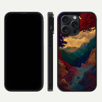 Mystic Valley Light Glass Case for iPhone 15 Pro front & back layout displaying landscape tones and edges