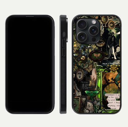 Mystic Woods Secret Glass Case for iPhone 15 Pro front & back layout showing nature theme and smooth edges