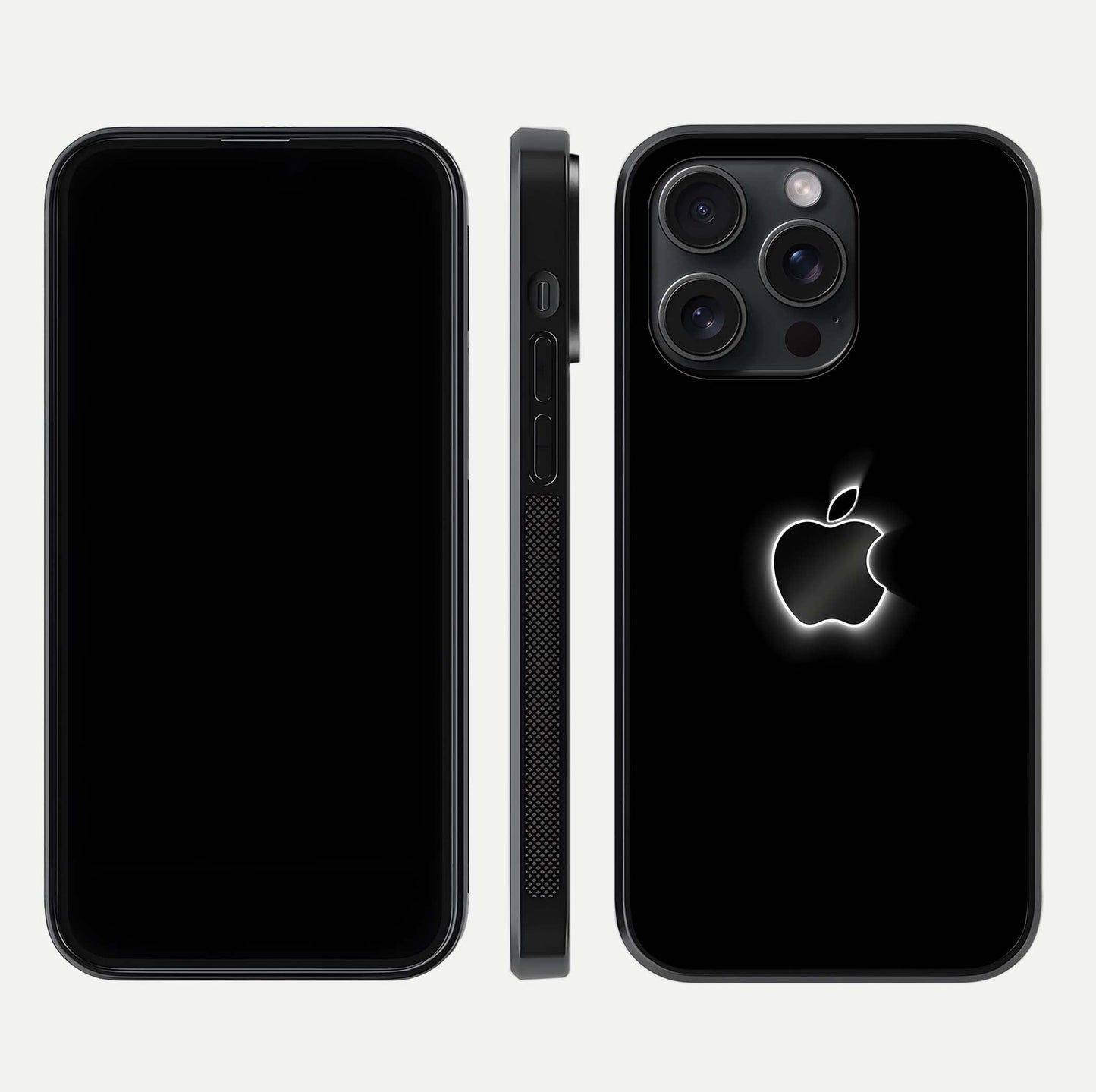 Neon Apple Glow Glass Case for iPhone 15 Pro front & back layout showing bright tones and edge curve