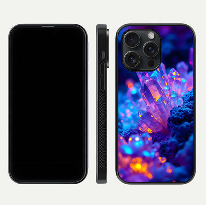 Neon Aura Shards Glass Case for iPhone 15 Pro front & back layout showing vivid tones and edge finish