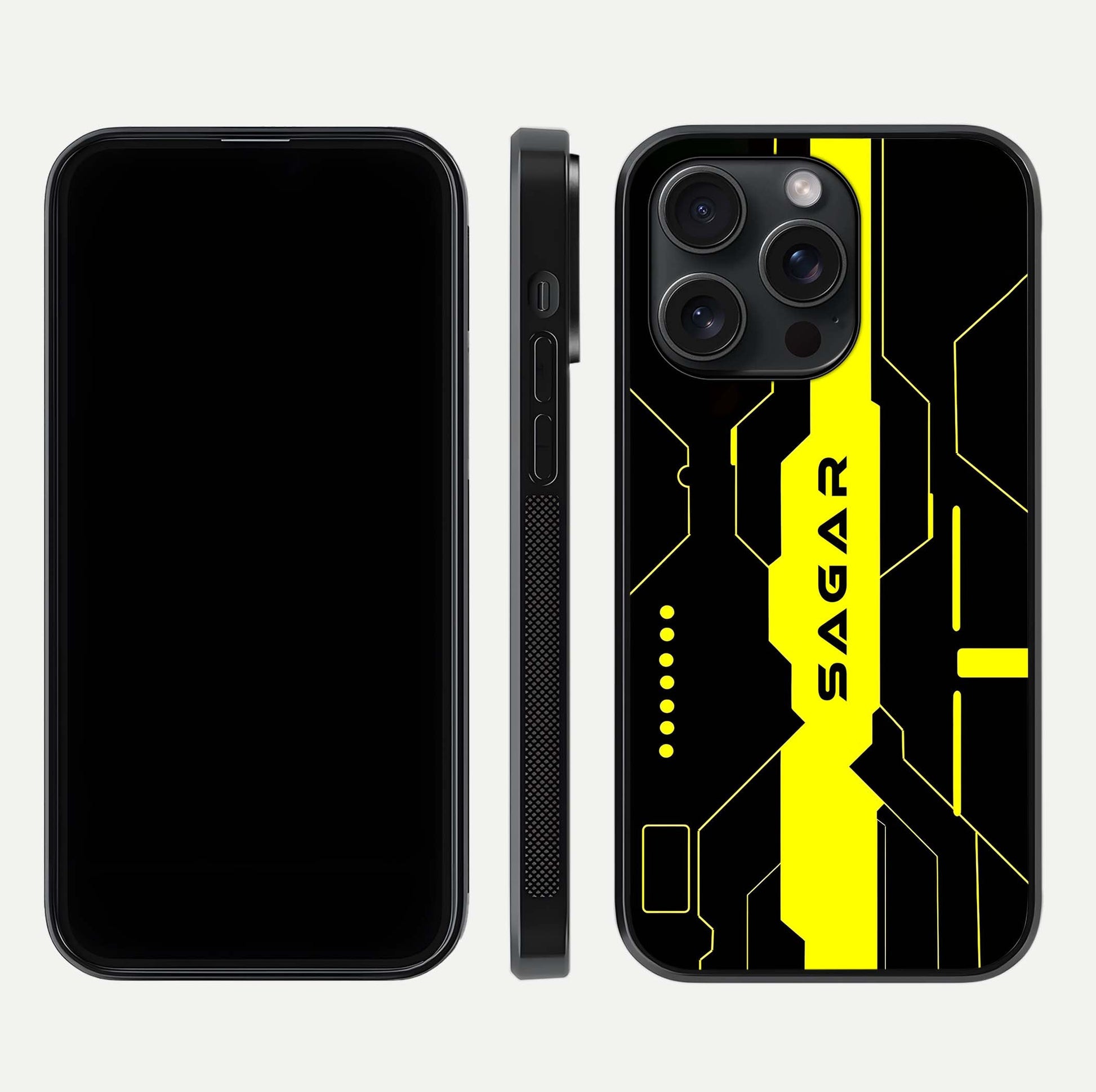 Neon CYBERPUNK Custom Name Glass Case for iPhone 15 Pro front & back layout showing tech art and custom edge