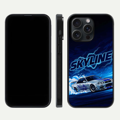 Neon Drift Beast Glass Case for iPhone 15 Pro front & back layout showing car silhouette and edge design