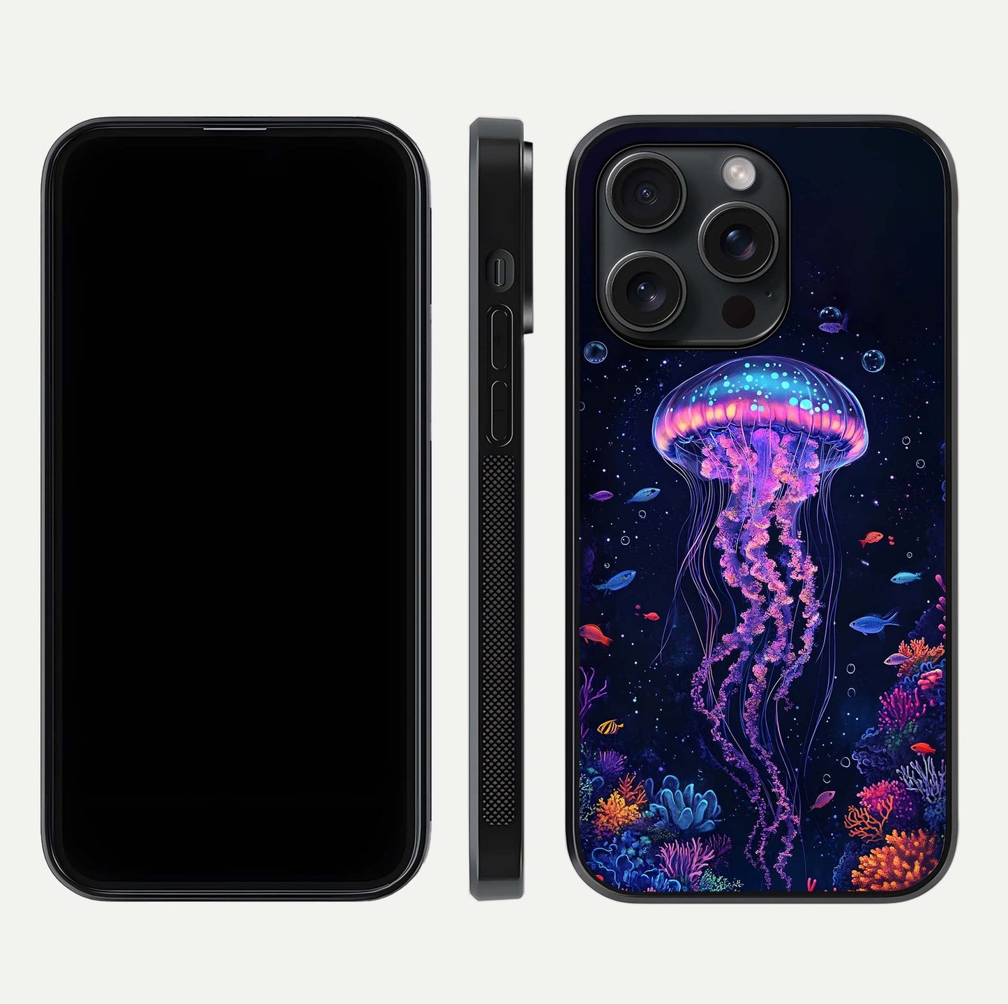 Neon Jellyfish Glass Case for iPhone 15 Pro front & back layout highlighting HD marine art and curved edges