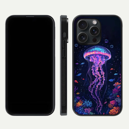 Neon Jellyfish Glass Case for iPhone 15 Pro front & back layout highlighting HD marine art and curved edges