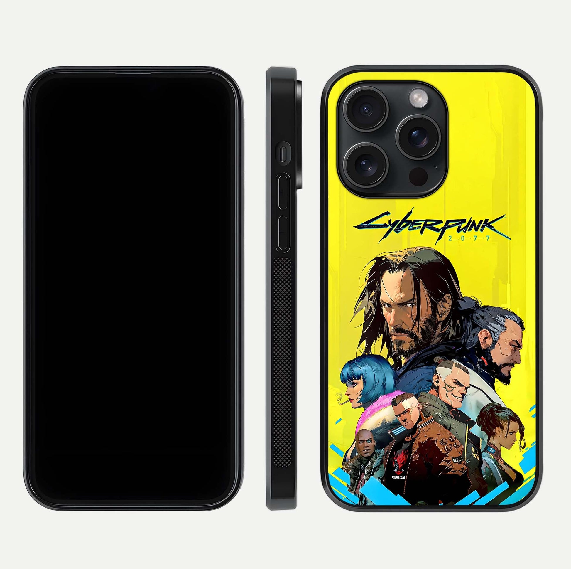 Neon Rebel Genesis Glass Case for iPhone 15 Pro front & back layout highlighting futuristic theme and curves