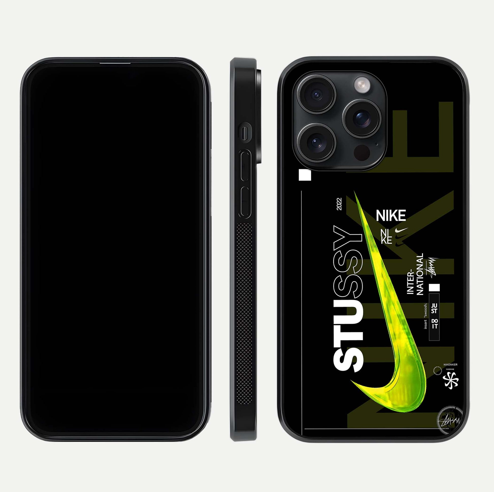 Neon Street Edition Glass Case for iPhone 15 Pro front & back layout highlighting street art vibe and edges