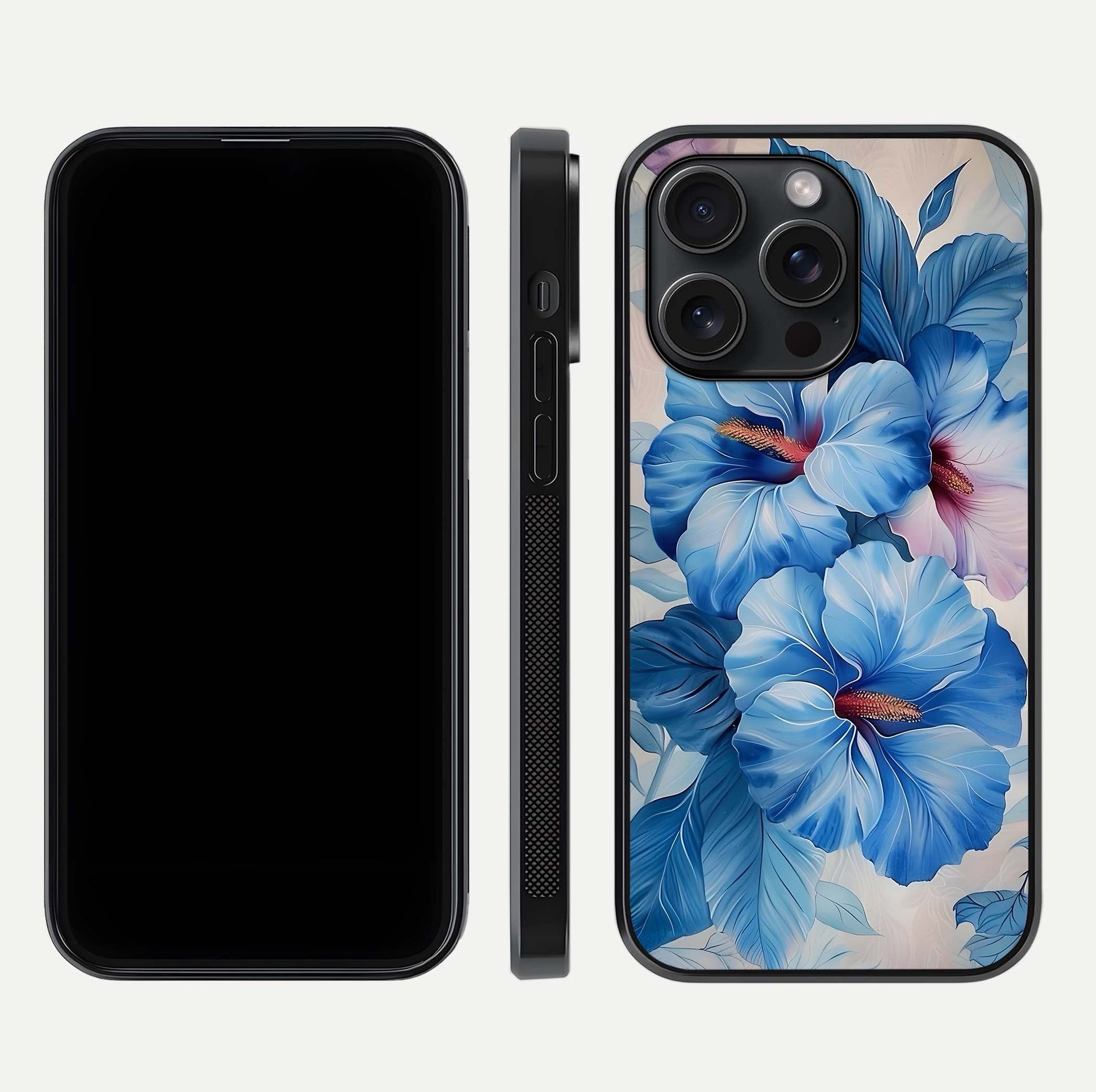 Ocean Hibiscus Grace Glass Case for iPhone 15 Pro front & back layout showing vibrant oceanic tones and curves