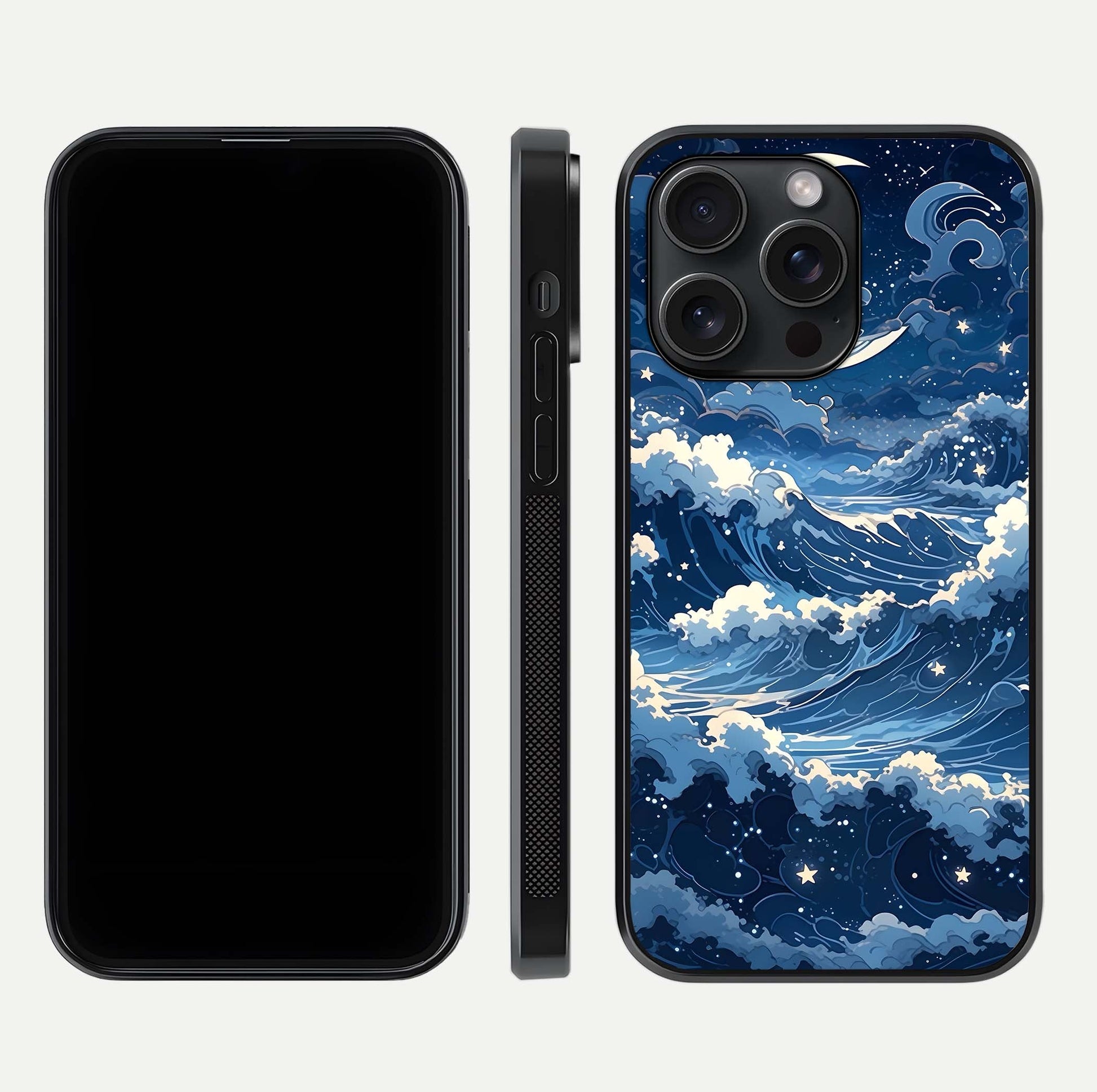 Ocean Moon Waves Glass Case for iPhone 15 Pro front & back layout highlighting water flow and smooth edges