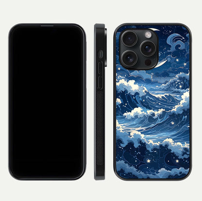 Ocean Moon Waves Glass Case for iPhone 15 Pro front & back layout highlighting water flow and smooth edges