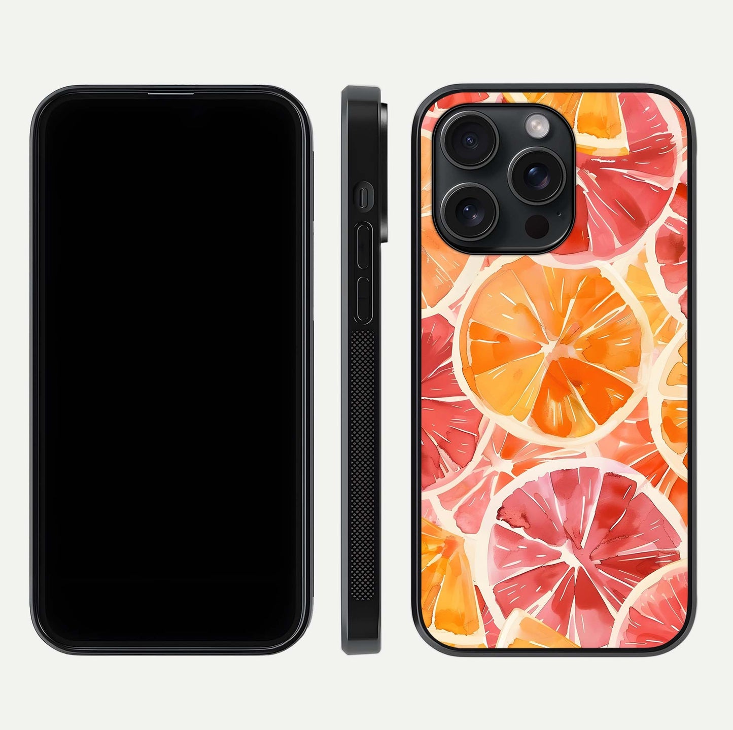 Orange Fruits Pattern Glass Case for iPhone 15 Pro front & back layout highlighting bright colors and clean edges