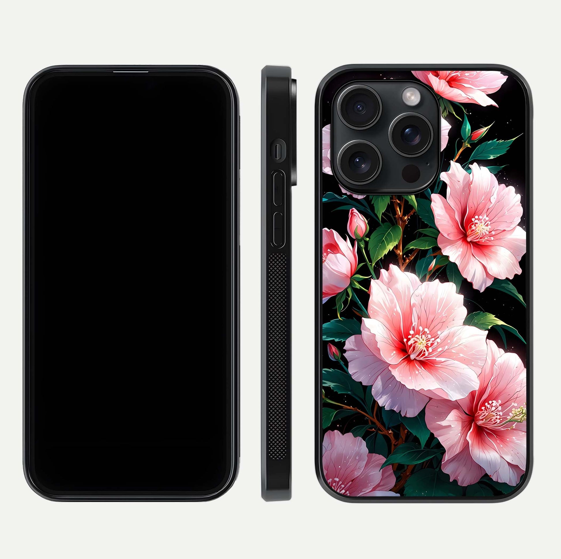 Peach Flower Glass Case for iPhone 15 Pro front & back layout showing elegant floral tones and smooth edges