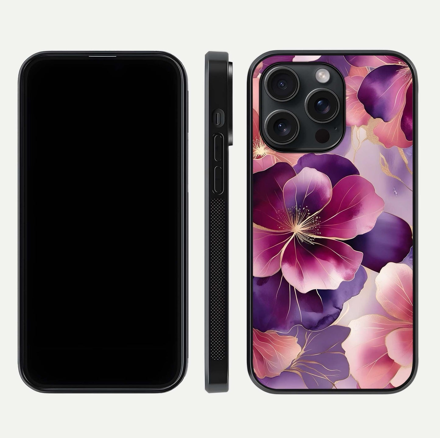 Pink Bouquet Florals Glass Case for iPhone 15 Pro front & back layout highlighting vivid petals and smooth edges