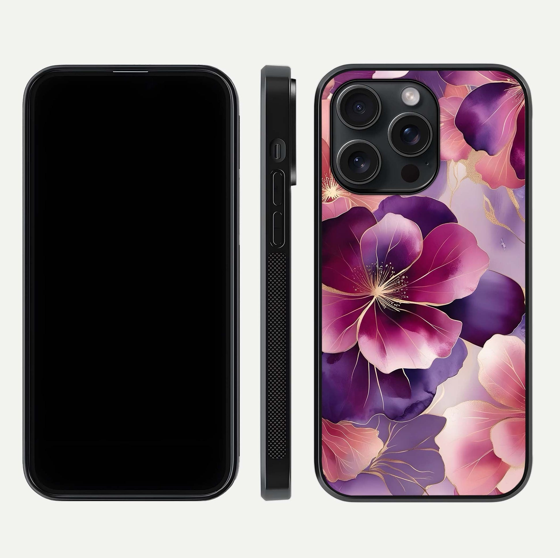 Pink Bouquet Florals Glass Case for iPhone 15 Pro front & back layout highlighting vivid petals and smooth edges