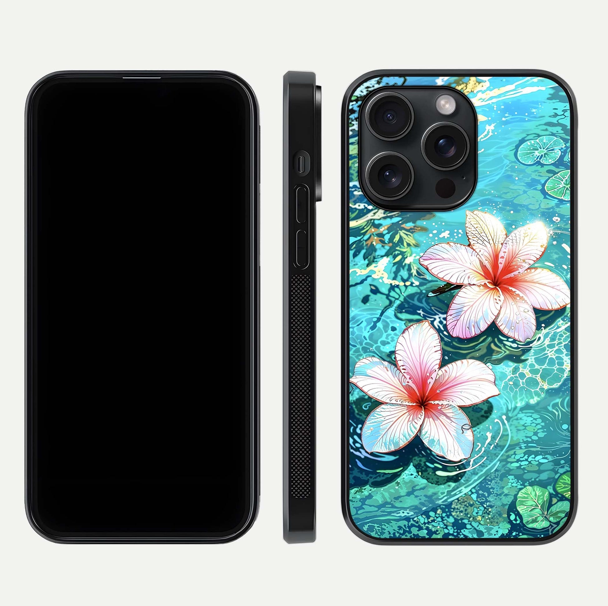 Pink Flowers in Water Glass Case for iPhone 15 Pro front & back layout showing elegant pastel floral tones