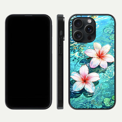 Pink Flowers in Water Glass Case for iPhone 15 Pro front & back layout showing elegant pastel floral tones