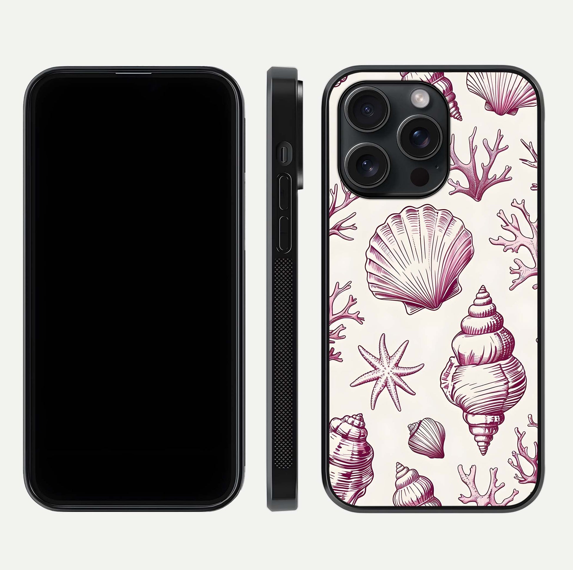 Pink Shells Outline Glass Case for iPhone 15 Pro front & back layout showing soft pastel tones and edge design