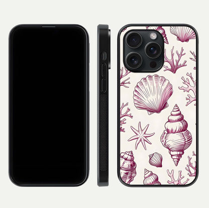 Pink Shells Outline Glass Case for iPhone 15 Pro front & back layout showing soft pastel tones and edge design