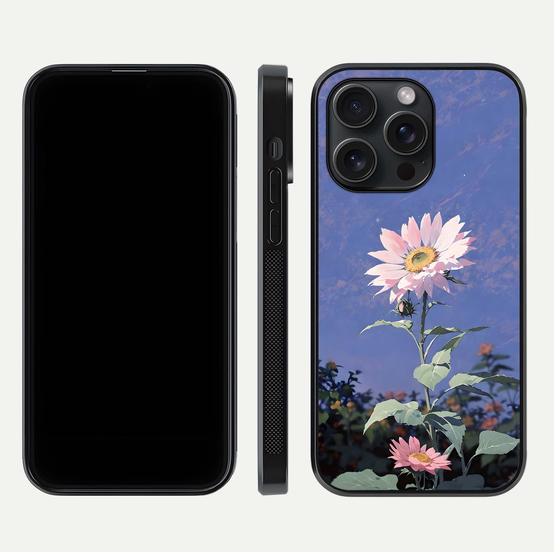 Pink Sunflower Glow Glass Case for iPhone 15 Pro front & back layout showing HD tones and bright finish