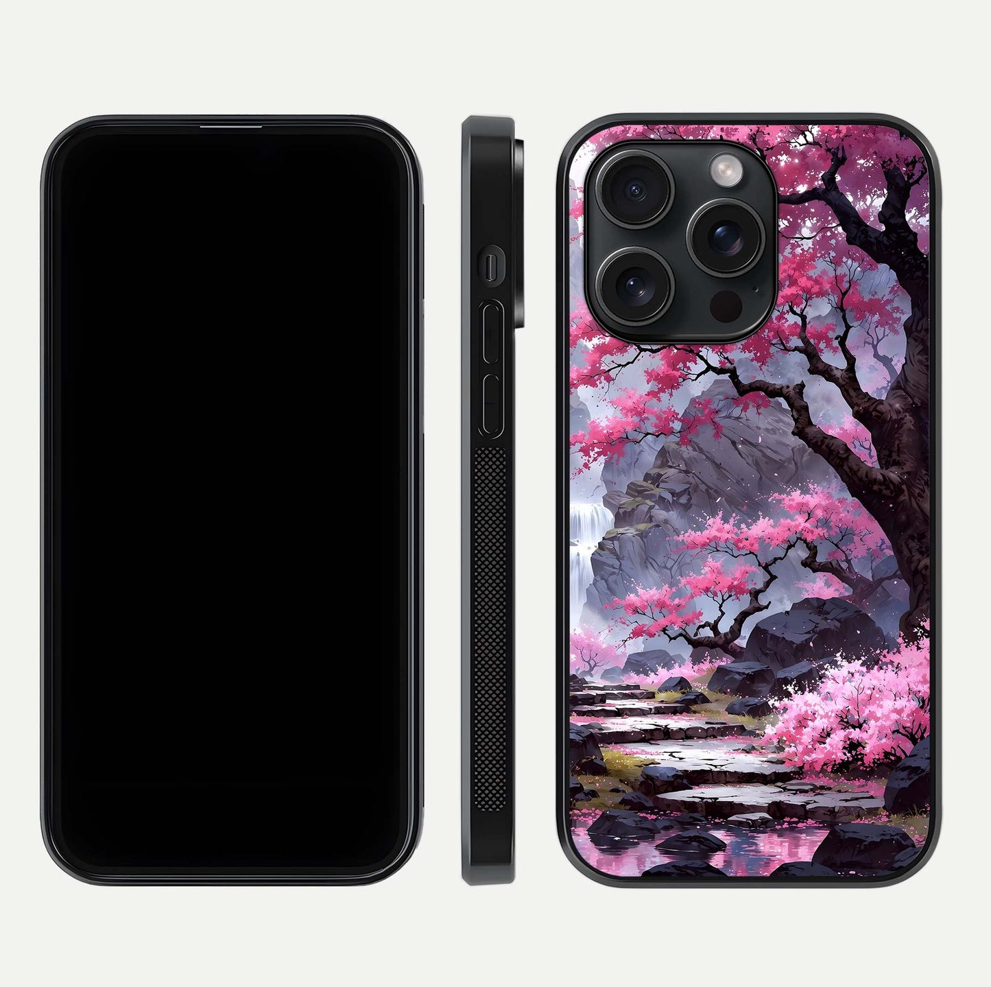 Pinkish Scenery Glass Case for iPhone 15 Pro front & back layout showing landscape art and curved edge finish
