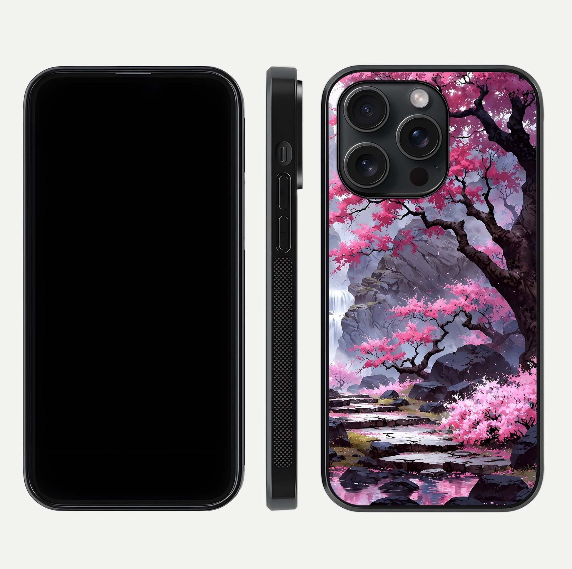 Pinkish Scenery Glass Case for iPhone 15 Pro front & back layout showing landscape art and curved edge finish
