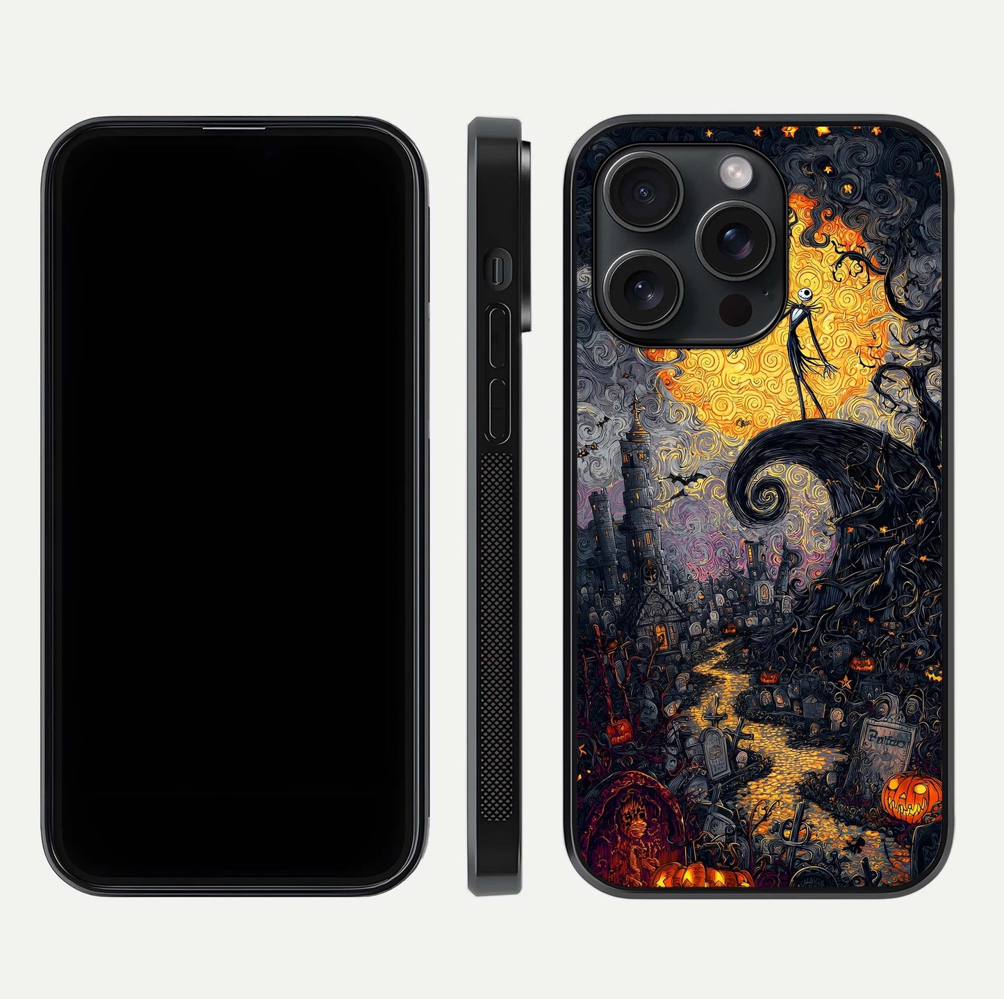 Pumpkin Moon Night Glass Case for iPhone 15 Pro front & back layout highlighting festive tones and smooth edges