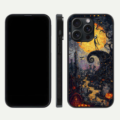 Pumpkin Moon Night Glass Case for iPhone 15 Pro front & back layout highlighting festive tones and smooth edges