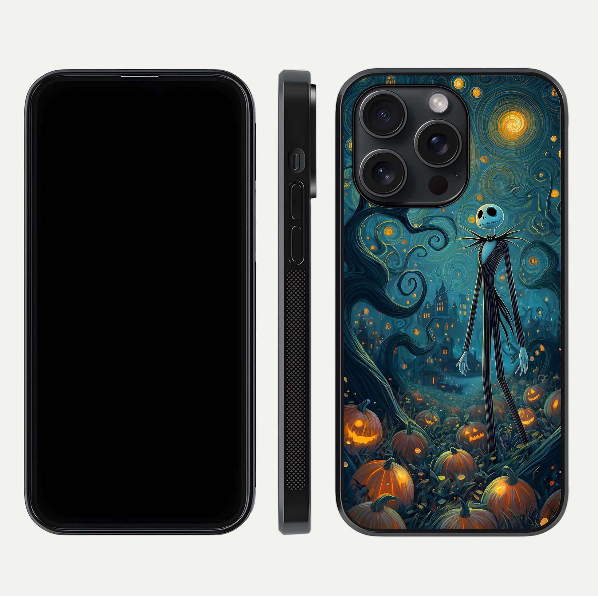 Pumpkin Moonlight Tale Glass Case for iPhone 15 Pro front & back layout showing festive orange tone and edges