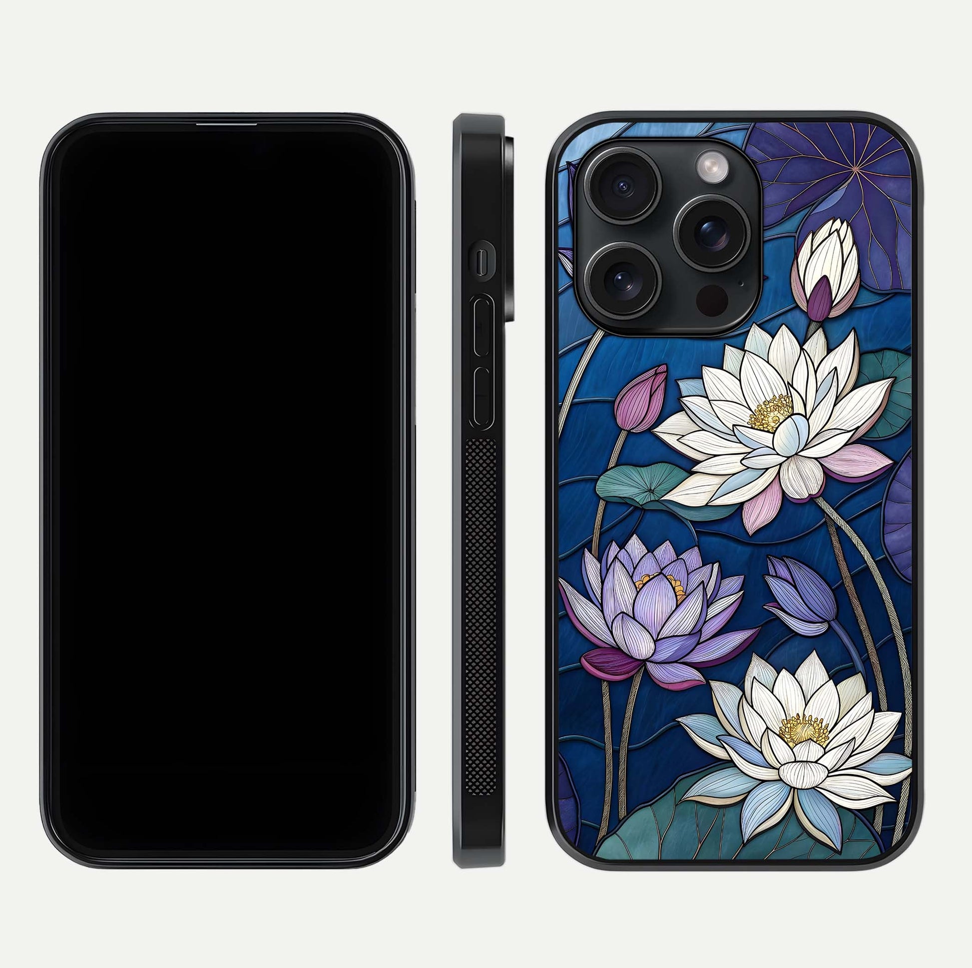 Purple Lotus Stained Glass Case for iPhone 15 Pro front & back layout showing bright tones and smooth edge finish