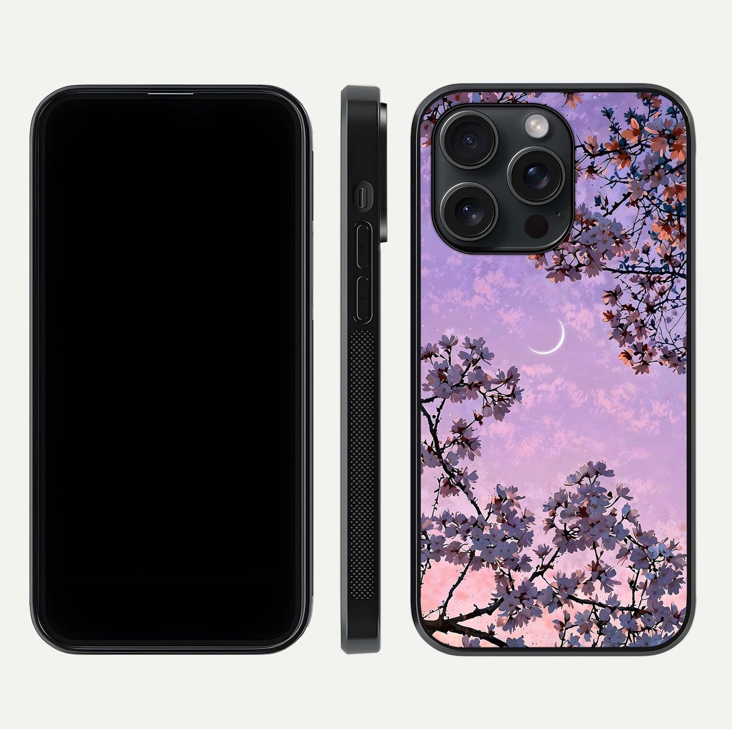 Purple Serenity Moon Glass Case for iPhone 15 Pro front & back layout highlighting celestial tones and curves