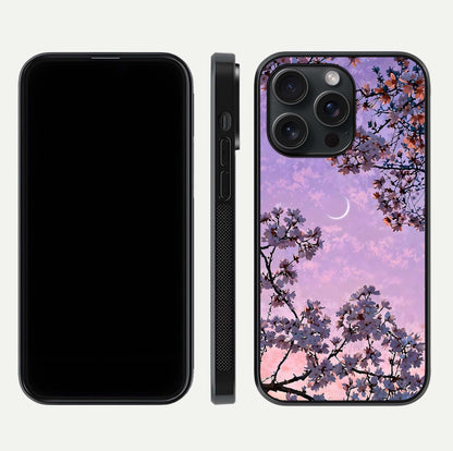 Purple Serenity Moon Glass Case for iPhone 15 Pro front & back layout highlighting celestial tones and curves