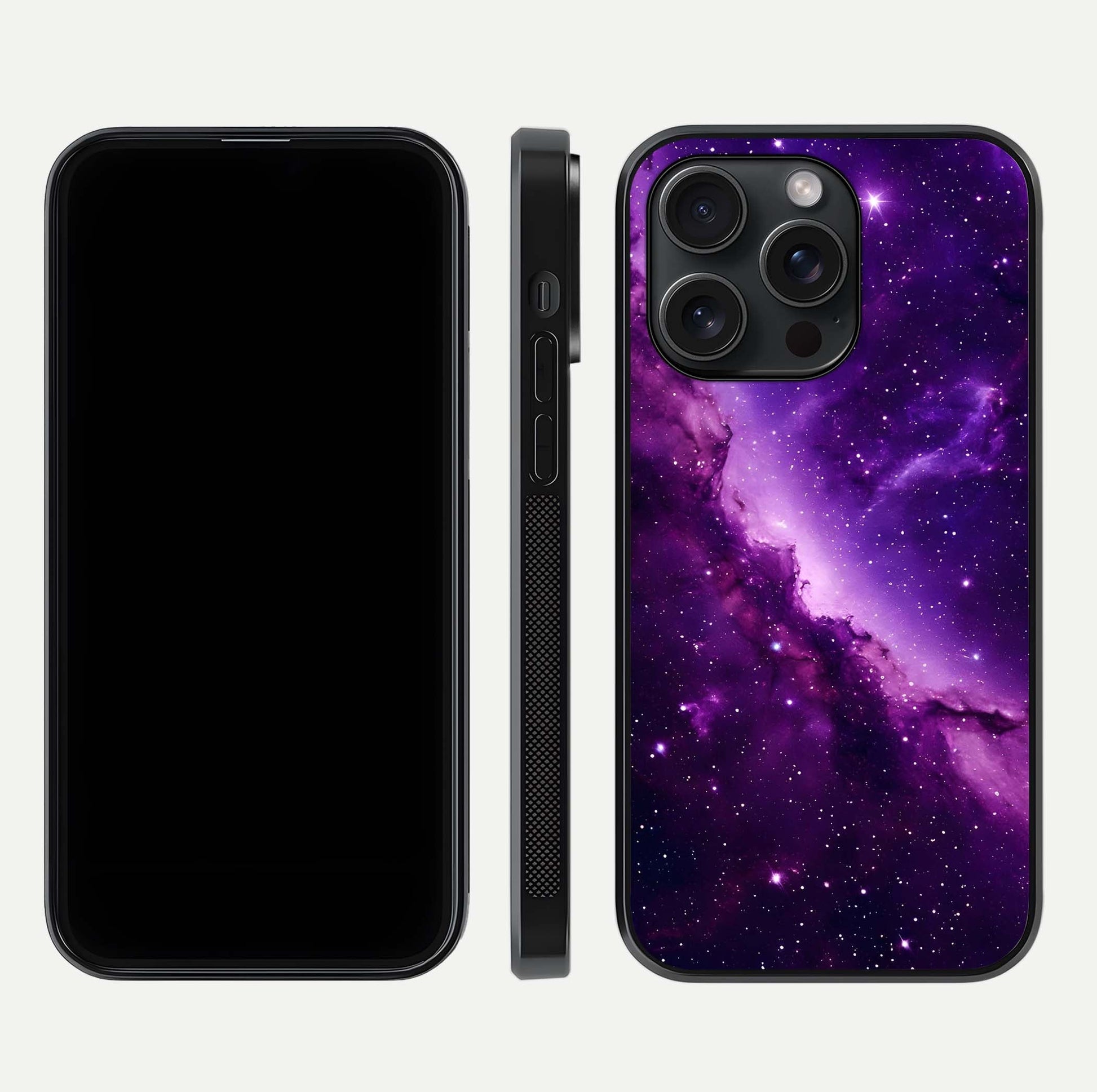 Purple Shade Sky Glass Case for iPhone 15 Pro front & back layout showing HD tones and clean glass edges