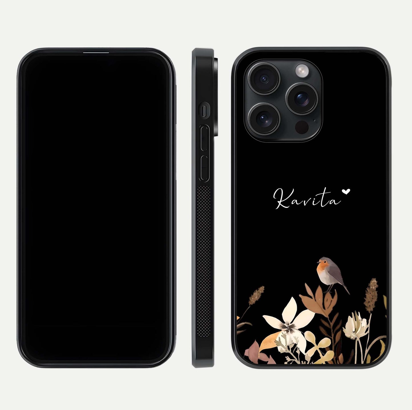 Quiet Garden Tune Custom Name Glass Case for iPhone 15 Pro front & back layout highlighting name area and edges