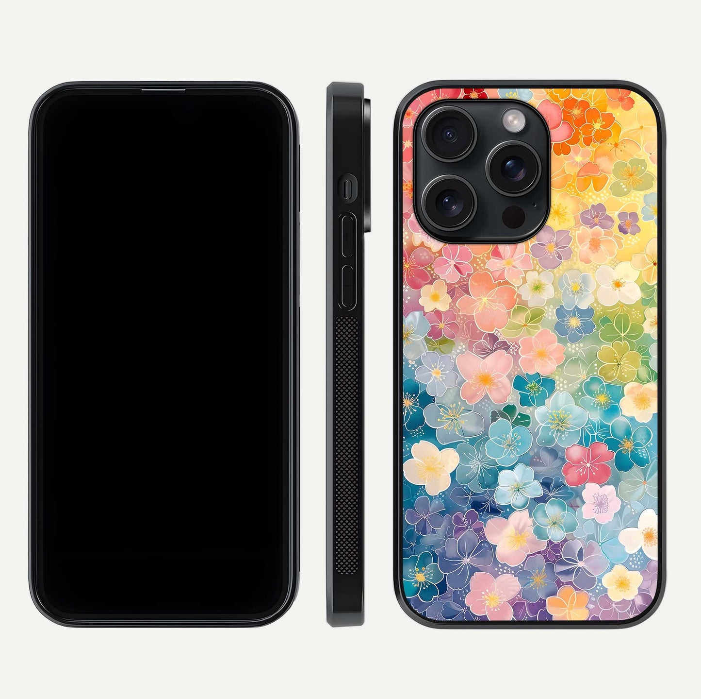 Rainbow Blossom Burst Glass Case for iPhone 15 Pro front & back layout showing bright tones and edge finish