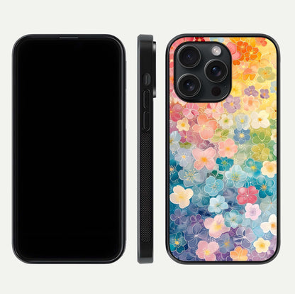 Rainbow Blossom Burst Glass Case for iPhone 15 Pro front & back layout showing bright tones and edge finish