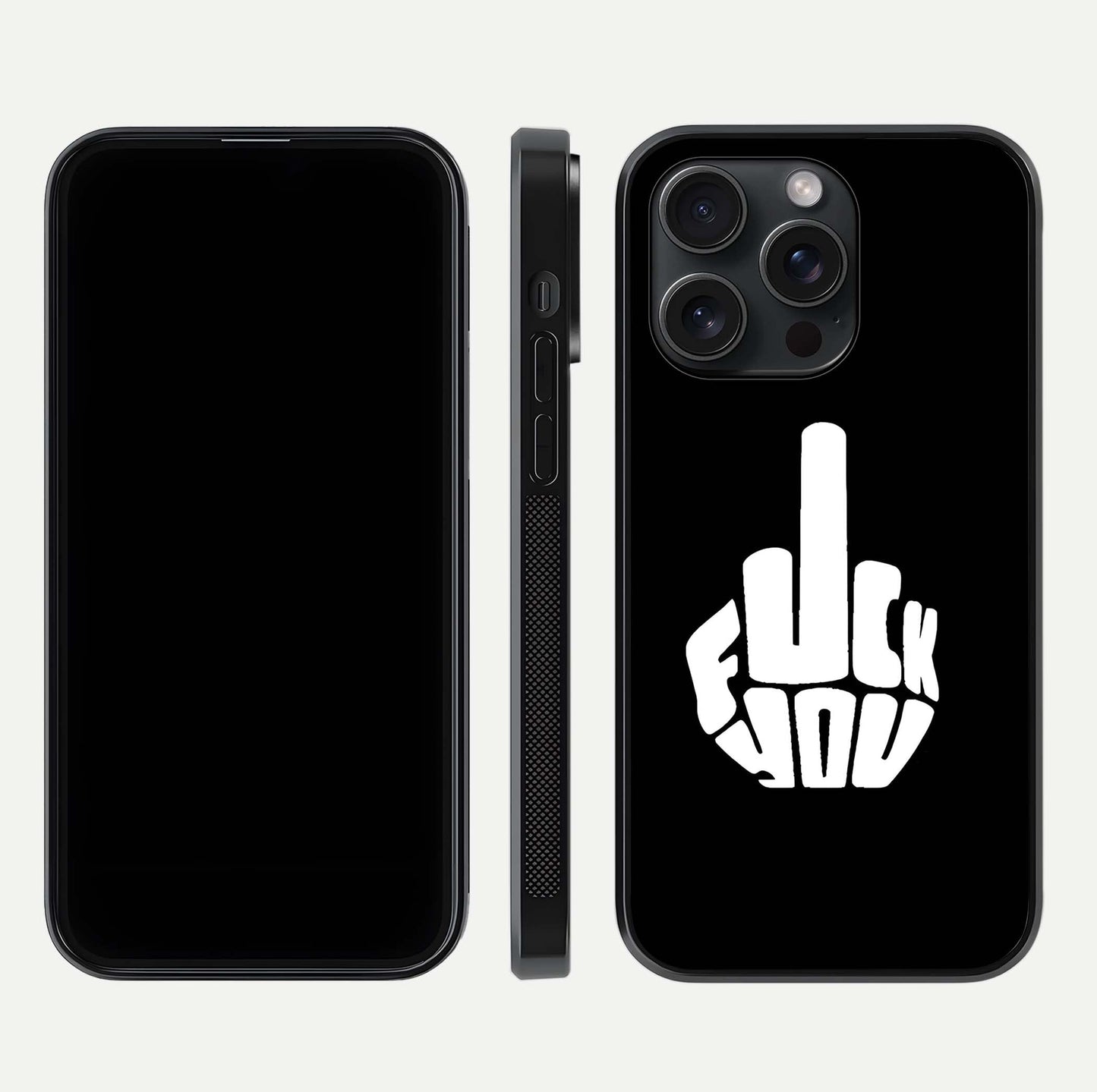 Rebel Mode On Glass Case for iPhone 15 Pro front & back layout showing minimal tone and clean edge fit