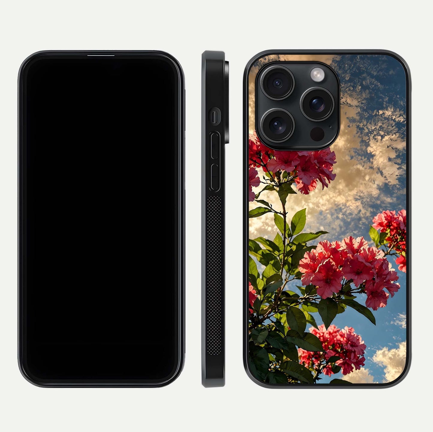 Red Bloom Skies Glass Case for iPhone 15 Pro front & back layout showing soft gradient sky tones and edges