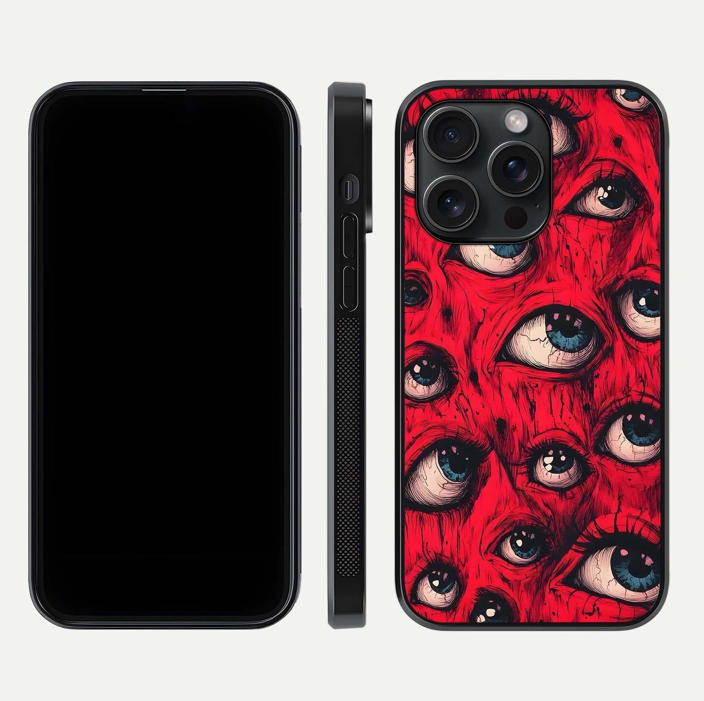 Red Eyes Pattern Glass Case for iPhone 15 Pro front & back layout showing sharp edge finish and design depth