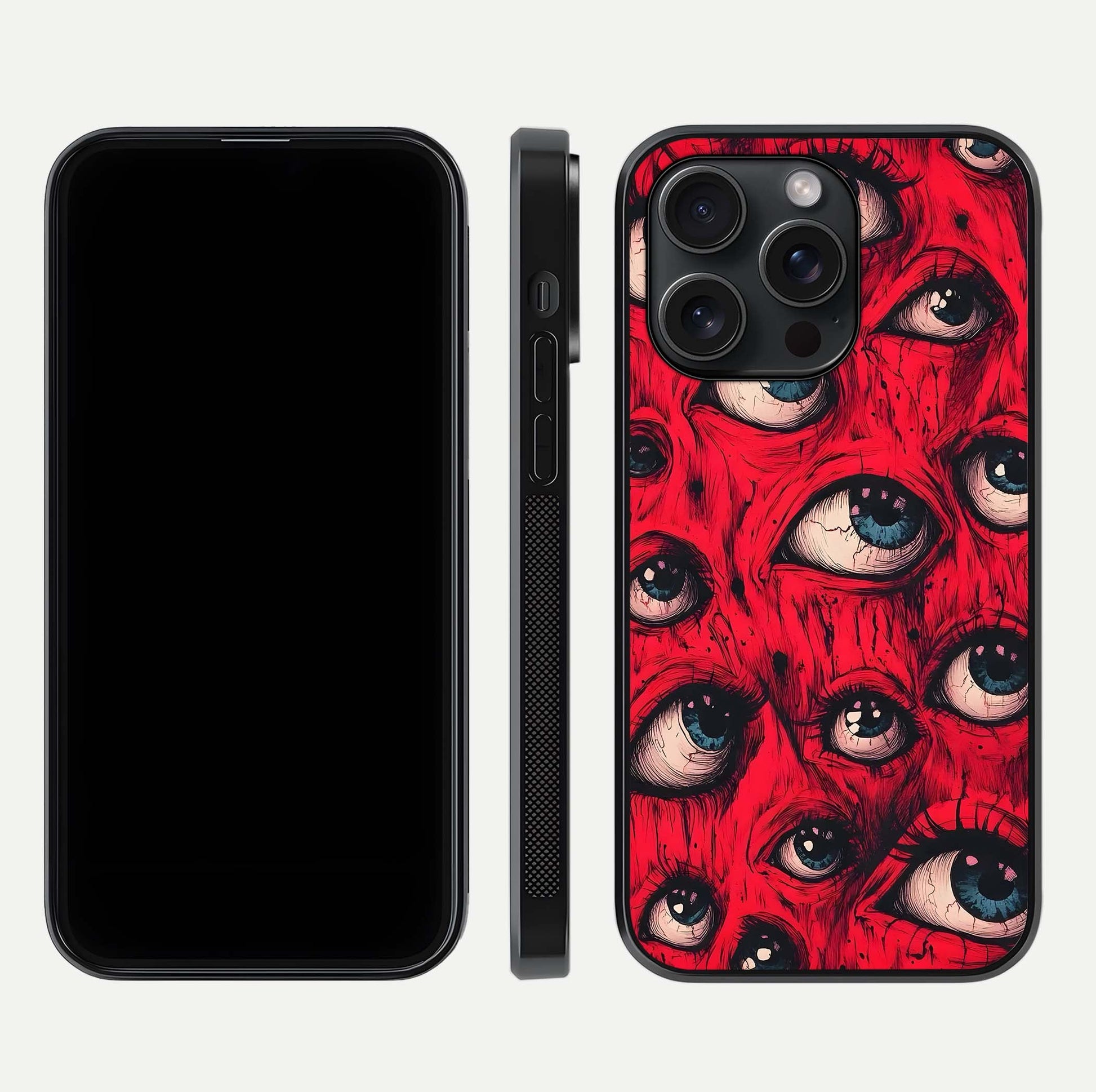 Red Eyes Pattern Glass Case for iPhone 15 Pro front & back layout showing sharp edge finish and design depth