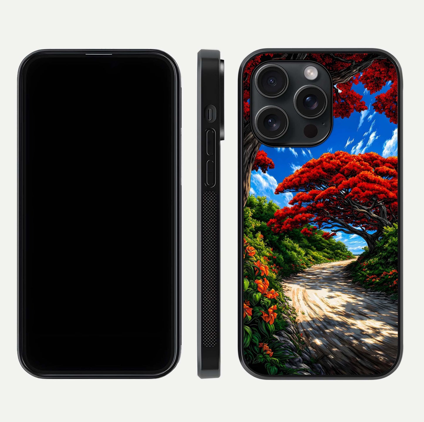Red Trees Pathway Glass Case for iPhone 15 Pro front & back layout showing scenic tone blend and edges