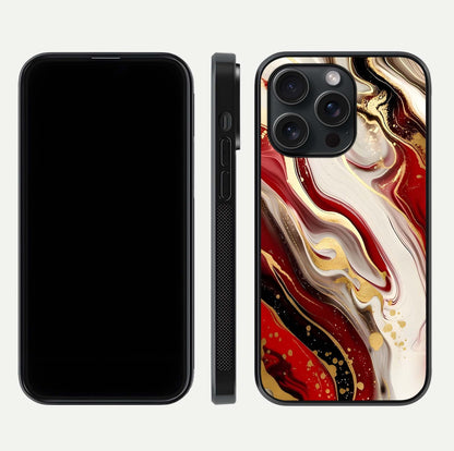 Red & White Marble Glass Case for iPhone 15 Pro front & back layout showing rich contrast and clean glass edges