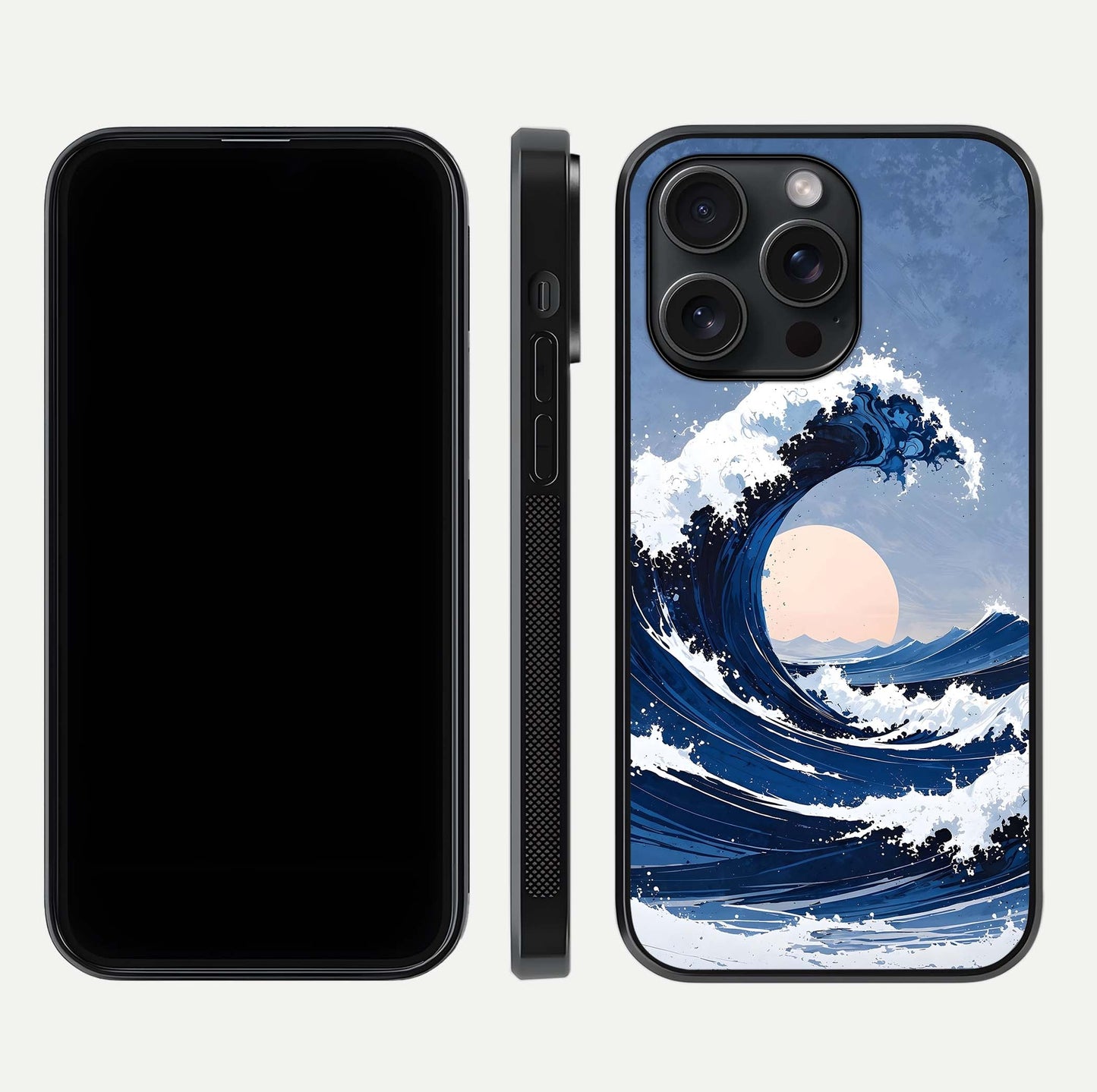 Rising Tide Power Glass Case for iPhone 15 Pro front & back layout showing ocean design and smooth glass edge
